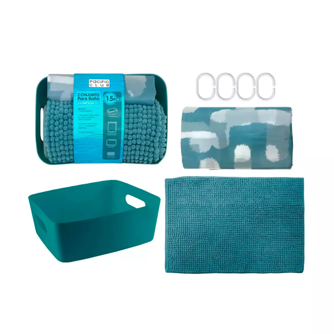 ALFOMBRA + CORTINA P/BAÑO 15PZAS 180X180CM/40X60CM 736-H202405002F AQUA